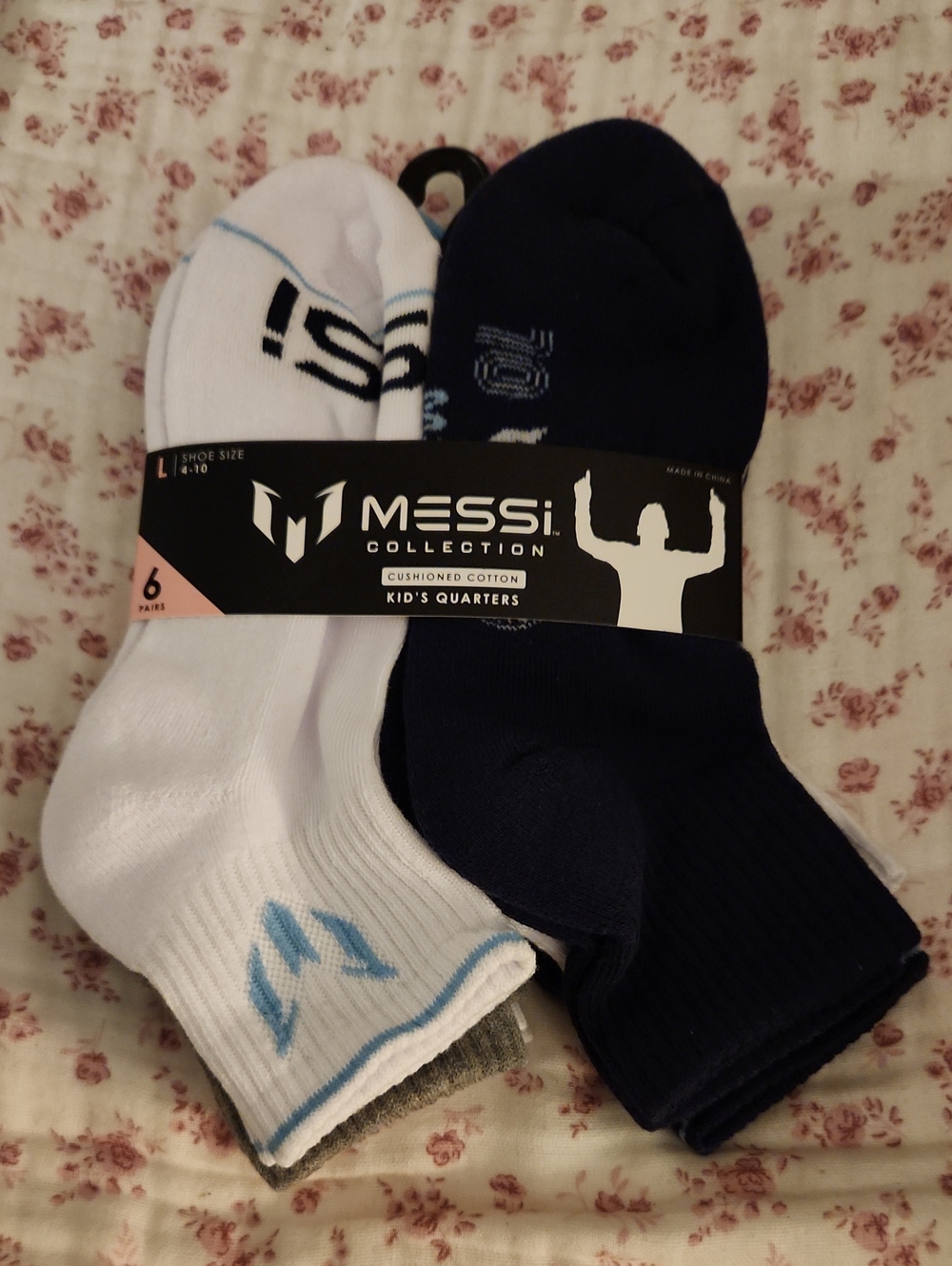 Messi #10 Kids' Quarter Socks - White & Navy (6-Pack)